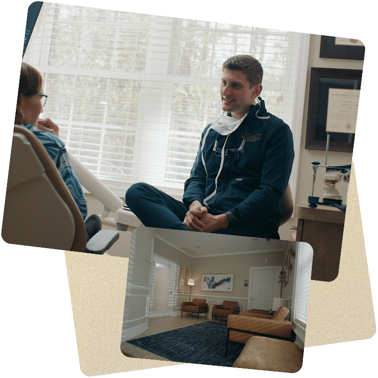 Collage showcasing the prosthodontic experience at Legacy Prosthodontics, with one image showing Dr. Joseph Lazaroff consulting personally with a patient, and a second image featuring the clinic's comfortable and modern waiting area.